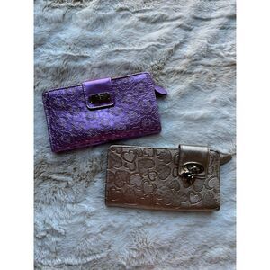 Bundle of 2 Girl's Wallets Cute Teen Youth Purple Gold Flowers Hearts 3D Stylish